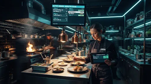 Modern high-tech commercial smart kitchen and POS digital order display system