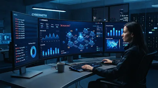 Futuristic enterprise SaaS cloud analytics dashboard on multi-monitor workstation