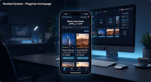 A sleek dark mobile app interface displaying a luxury Dubai event discovery booking screen